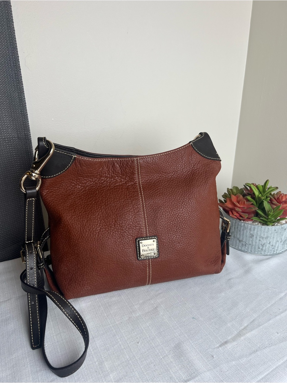 Dooney & Bourke Chestnut Brown Pebbled Leather Crossbody with Black Trim